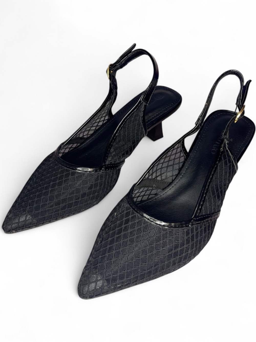 Coutgo Women's Black Close Mesh Pointed Toe Slingback Kitten Heel Shoes Size 7.5